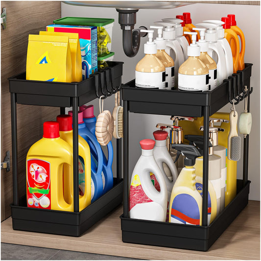 2 Pack Under Sink Storage - Kitchen Storage and Organisation, 2 Tier Under Sink Shelf, Multi-Purpose Organisation for Kitchen Bathroom,Black
